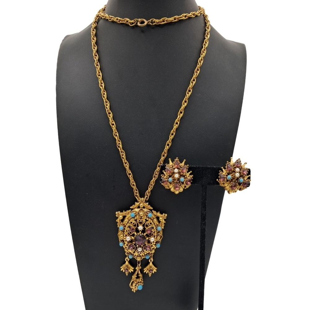 Florenza Rhinestone Jewelry Set Necklace Earrings Purple Rhinestones Blue